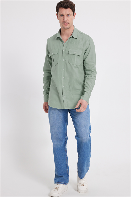 Erkek Regular Fit Klasik Kesim Oversize %100 Pamuk Keten Doku Çift Cep Yeşil Gömlek