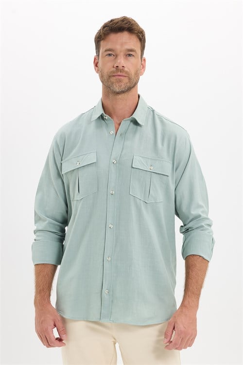 Erkek Regular Fit Klasik Kesim Oversize %100 Pamuk Keten Doku Çift Cep Yeşil Gömlek