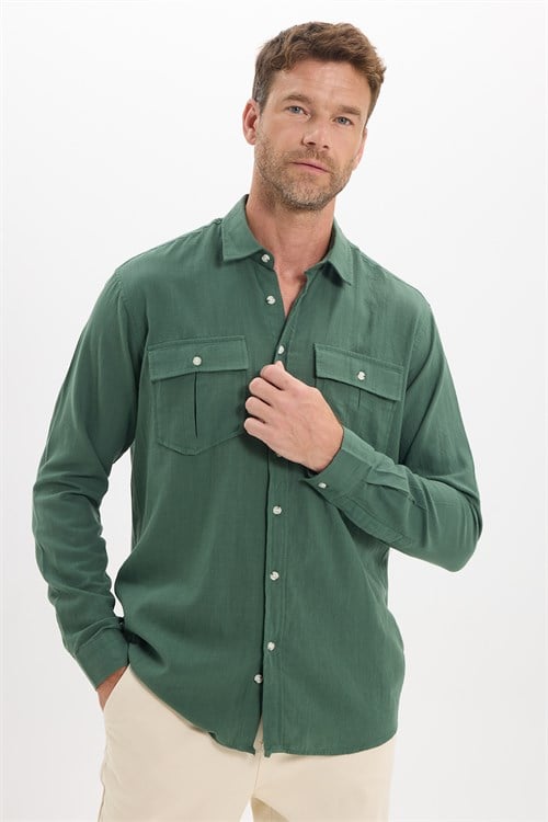 Erkek Regular Fit Klasik Kesim Oversize %100 Pamuk Keten Doku Çift Cep Haki Gömlek