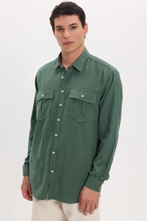 Erkek Regular Fit Klasik Kesim Oversize %100 Pamuk Keten Doku Çift Cep Haki Gömlek