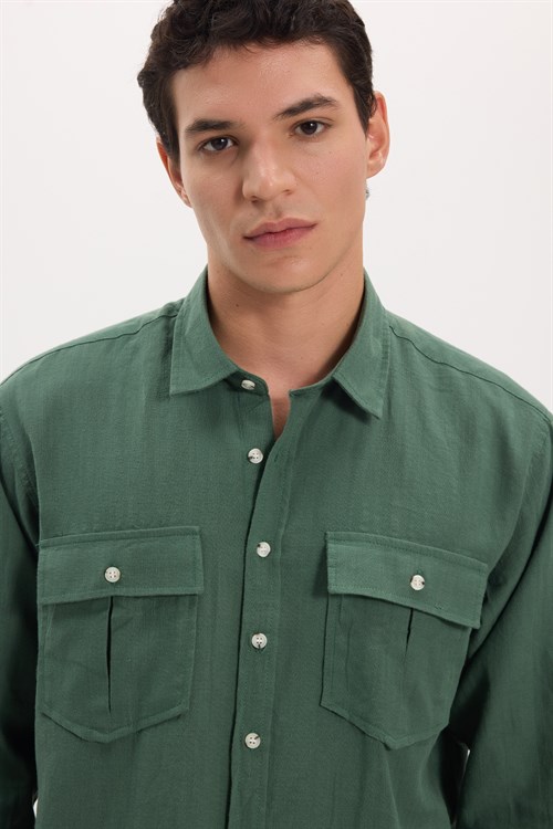 Erkek Regular Fit Klasik Kesim Oversize %100 Pamuk Keten Doku Çift Cep Haki Gömlek
