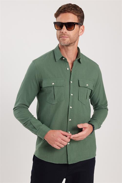 Erkek Regular Fit Klasik Kesim Oversize %100 Pamuk Keten Doku Çift Cep Haki Gömlek