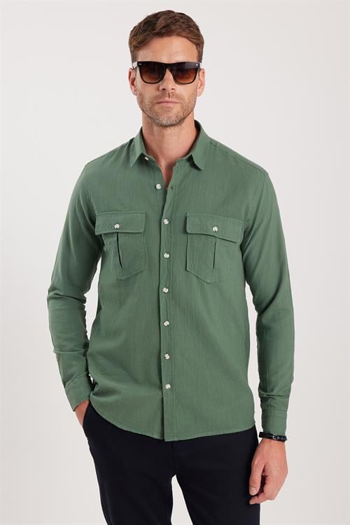 Erkek Regular Fit Klasik Kesim Oversize %100 Pamuk Keten Doku Çift Cep Haki Gömlek
