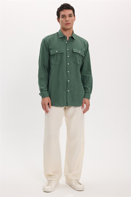 Erkek Regular Fit Klasik Kesim Oversize %100 Pamuk Keten Doku Çift Cep Haki Gömlek