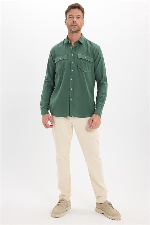 Erkek Regular Fit Klasik Kesim Oversize %100 Pamuk Keten Doku Çift Cep Haki Gömlek