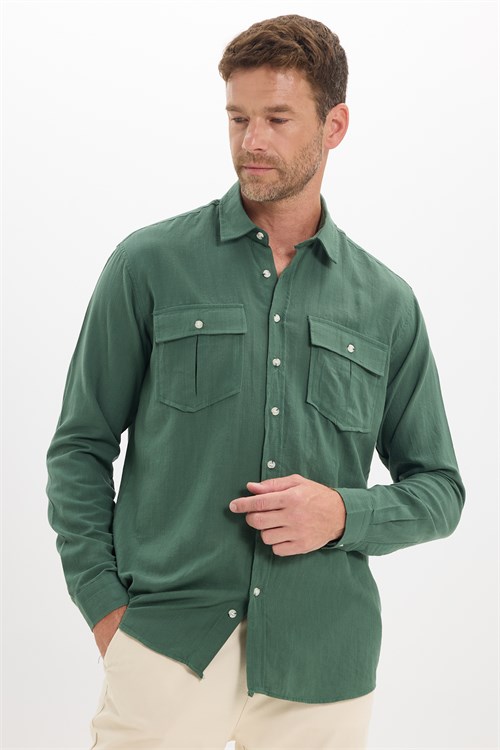 Erkek Regular Fit Klasik Kesim Oversize %100 Pamuk Keten Doku Çift Cep Haki Gömlek