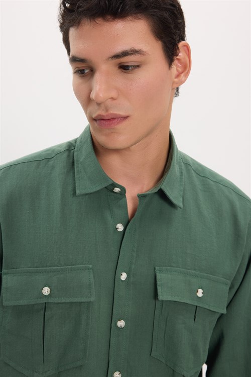 Erkek Regular Fit Klasik Kesim Oversize %100 Pamuk Keten Doku Çift Cep Haki Gömlek