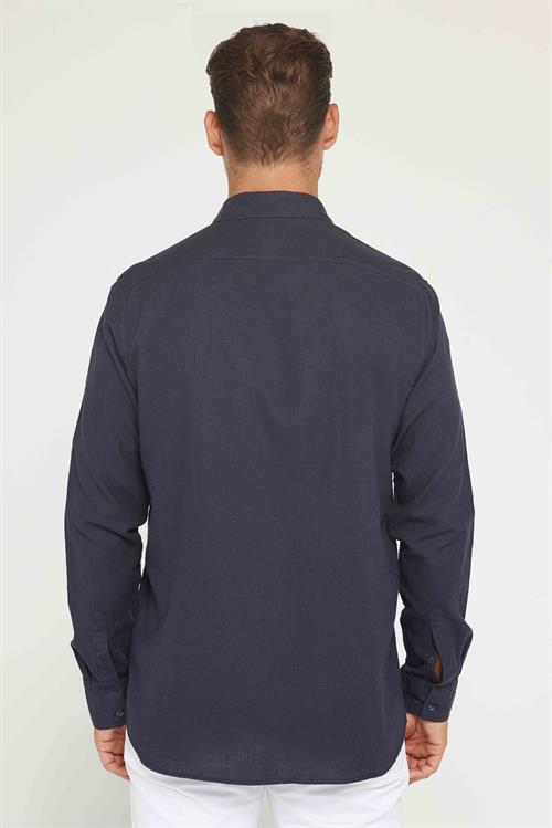 Erkek Regular Fit Klasik Kesim Oversize %100 Pamuk Keten Doku Çift Cep Füme Gömlek