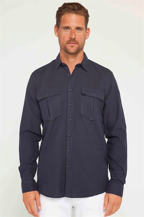 Erkek Regular Fit Klasik Kesim Oversize %100 Pamuk Keten Doku Çift Cep Füme Gömlek