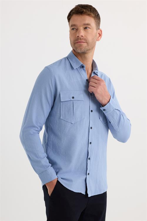 Erkek Regular Fit Klasik Kesim Oversize %100 Pamuk Keten Doku Çift Cep Mavi Gömlek