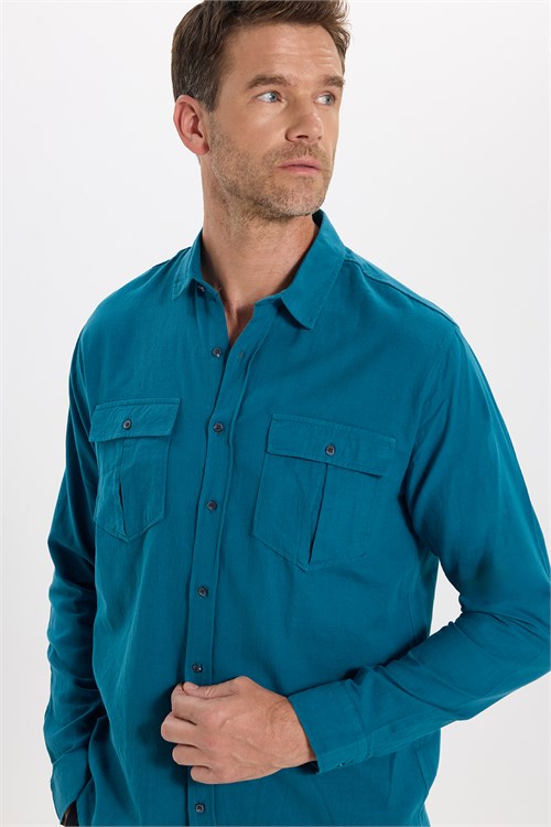 Erkek Regular Fit Klasik Kesim Oversize %100 Pamuk Keten Doku Çift Cep Petrol Renk Gömlek