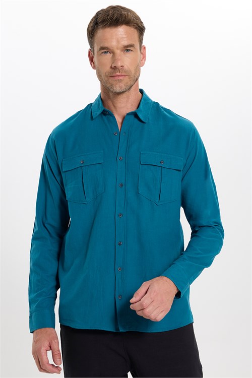 Erkek Regular Fit Klasik Kesim Oversize %100 Pamuk Keten Doku Çift Cep Petrol Renk Gömlek