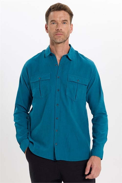 Erkek Regular Fit Klasik Kesim Oversize %100 Pamuk Keten Doku Çift Cep Petrol Renk Gömlek