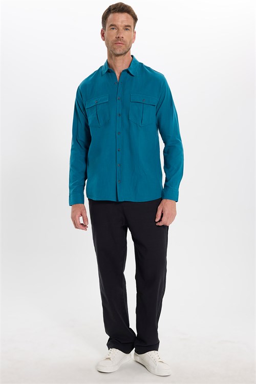 Erkek Regular Fit Klasik Kesim Oversize %100 Pamuk Keten Doku Çift Cep Petrol Renk Gömlek