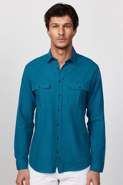Erkek Regular Fit Klasik Kesim Oversize %100 Pamuk Keten Doku Çift Cep Petrol Renk Gömlek