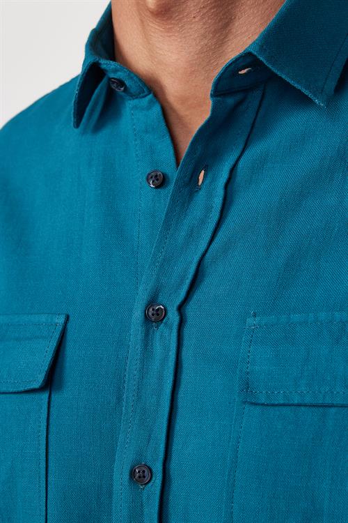 Erkek Regular Fit Klasik Kesim Oversize %100 Pamuk Keten Doku Çift Cep Petrol Renk Gömlek
