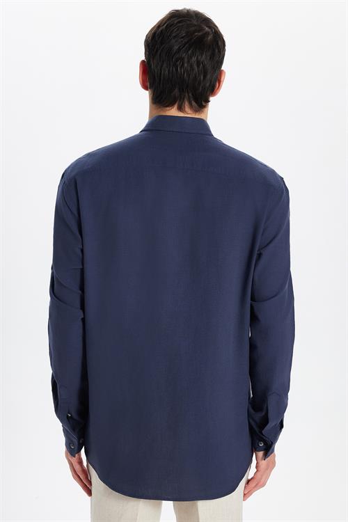 Erkek Regular Fit Klasik Kesim Oversize %100 Pamuk Keten Doku Çift Cep Lacivert Gömlek