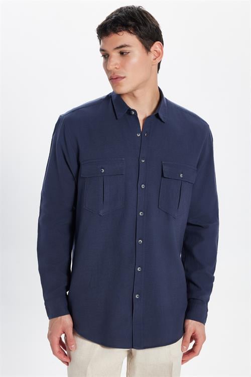 Erkek Regular Fit Klasik Kesim Oversize %100 Pamuk Keten Doku Çift Cep Lacivert Gömlek