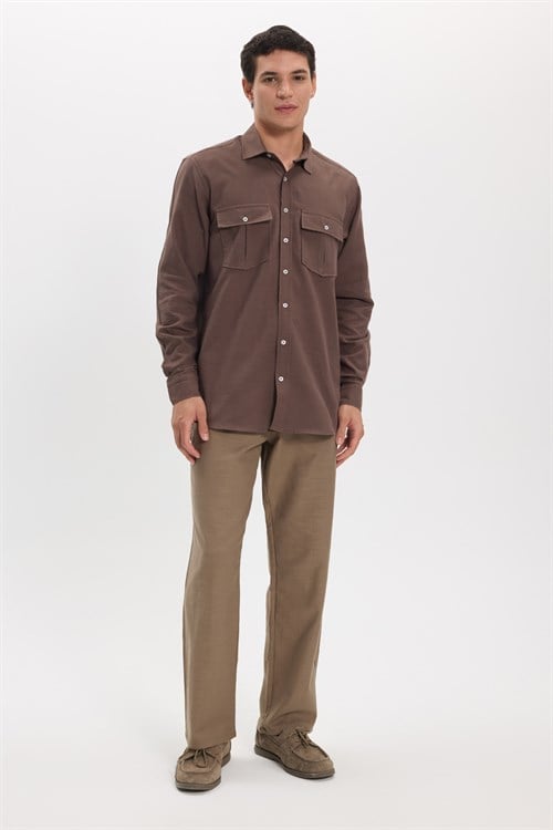 Erkek Regular Fit Klasik Kesim Oversize %100 Pamuk Keten Doku Çift Cep Kahverengi Gömlek
