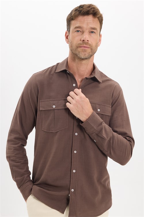 Erkek Regular Fit Klasik Kesim Oversize %100 Pamuk Keten Doku Çift Cep Kahverengi Gömlek