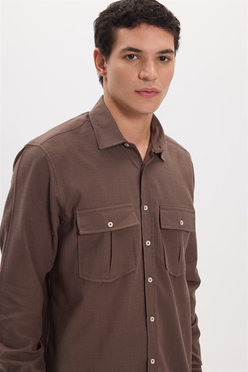 Erkek Regular Fit Klasik Kesim Oversize %100 Pamuk Keten Doku Çift Cep Kahverengi Gömlek