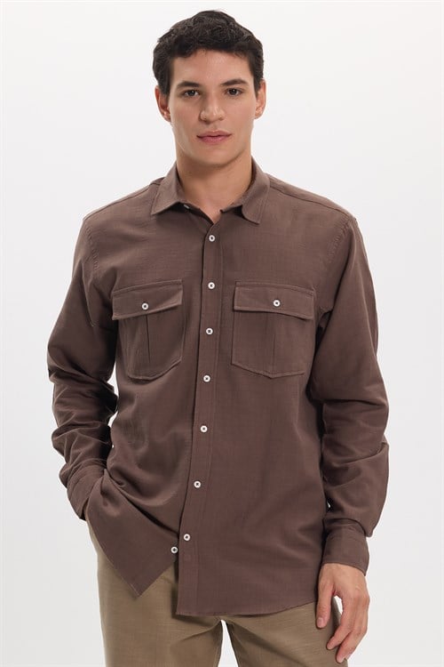 Erkek Regular Fit Klasik Kesim Oversize %100 Pamuk Keten Doku Çift Cep Kahverengi Gömlek