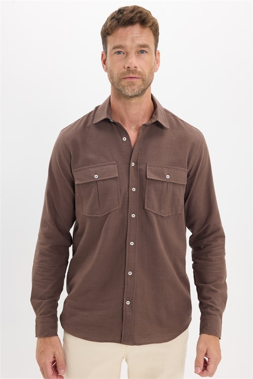 Erkek Regular Fit Klasik Kesim Oversize %100 Pamuk Keten Doku Çift Cep Kahverengi Gömlek