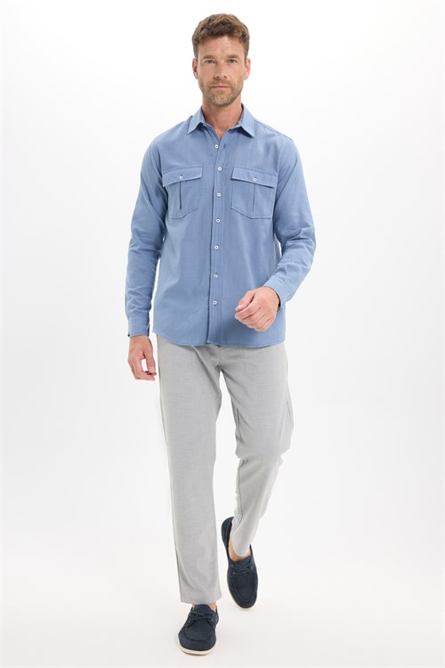 Erkek Regular Fit Klasik Kesim Oversize %100 Pamuk Keten Doku Çift Cep İndigo Gömlek