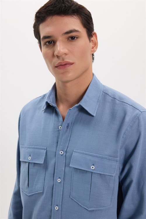 Erkek Regular Fit Klasik Kesim Oversize %100 Pamuk Keten Doku Çift Cep İndigo Gömlek