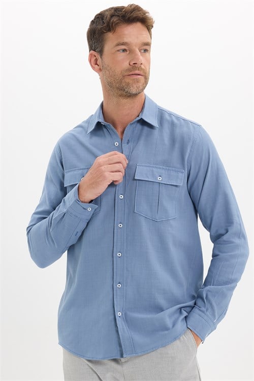 Erkek Regular Fit Klasik Kesim Oversize %100 Pamuk Keten Doku Çift Cep İndigo Gömlek