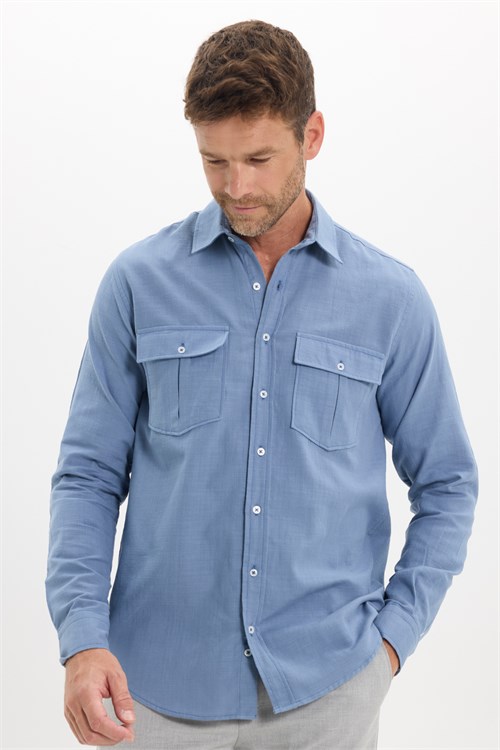 Erkek Regular Fit Klasik Kesim Oversize %100 Pamuk Keten Doku Çift Cep İndigo Gömlek