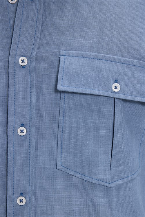 Erkek Regular Fit Klasik Kesim Oversize %100 Pamuk Keten Doku Çift Cep İndigo Gömlek