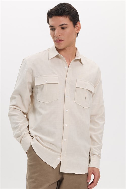 Erkek Regular Fit Klasik Kesim Oversize %100 Pamuk Keten Doku Çift Cep Bej Gömlek