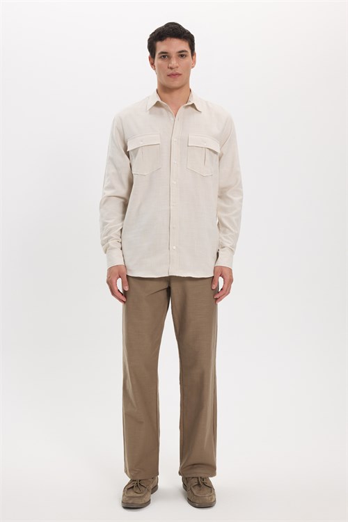 Erkek Regular Fit Klasik Kesim Oversize %100 Pamuk Keten Doku Çift Cep Bej Gömlek