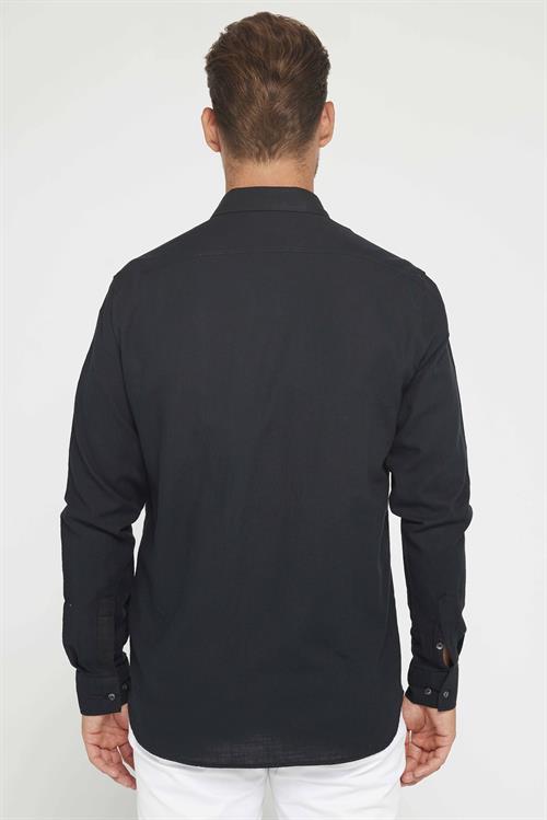 Erkek Regular Fit Klasik Kesim Oversize %100 Pamuk Keten Doku Çift Cep Siyah Gömlek