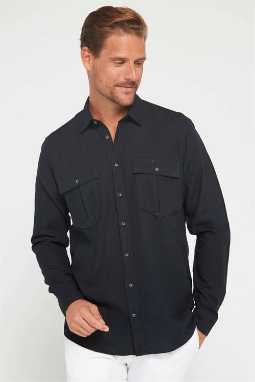 Erkek Regular Fit Klasik Kesim Oversize %100 Pamuk Keten Doku Çift Cep Siyah Gömlek