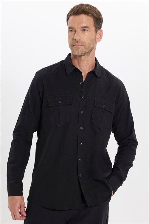 Erkek Regular Fit Klasik Kesim Oversize %100 Pamuk Keten Doku Çift Cep Siyah Gömlek