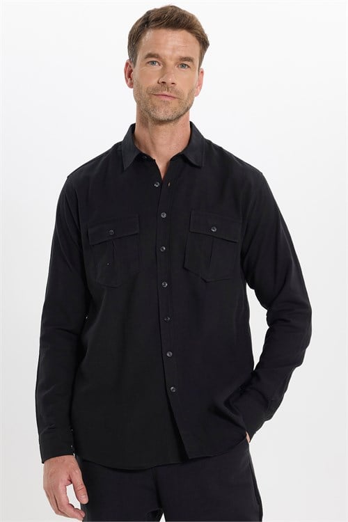 Erkek Regular Fit Klasik Kesim Oversize %100 Pamuk Keten Doku Çift Cep Siyah Gömlek