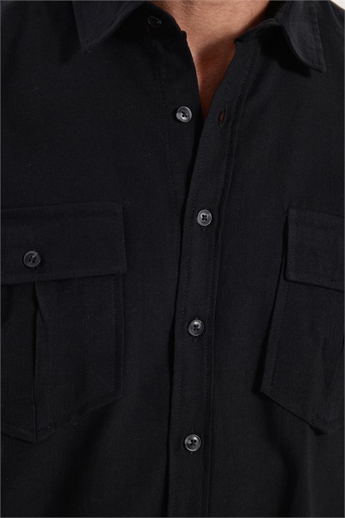 Erkek Regular Fit Klasik Kesim Oversize %100 Pamuk Keten Doku Çift Cep Siyah Gömlek