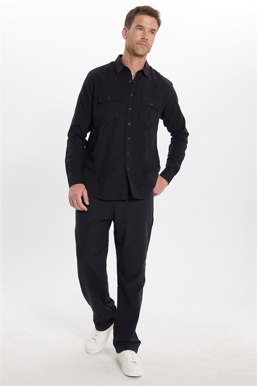 Erkek Regular Fit Klasik Kesim Oversize %100 Pamuk Keten Doku Çift Cep Siyah Gömlek