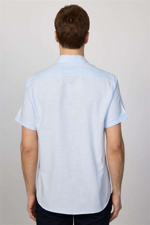 Erkek Regular Fit Klasik Kesim Oversize %100 Pamuk Keten Doku Cepli Mavi Gömlek