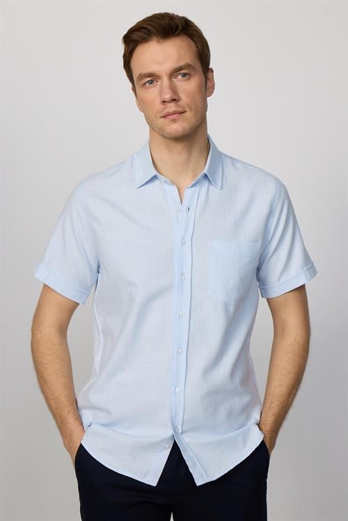 Erkek Regular Fit Klasik Kesim Oversize %100 Pamuk Keten Doku Cepli Mavi Gömlek