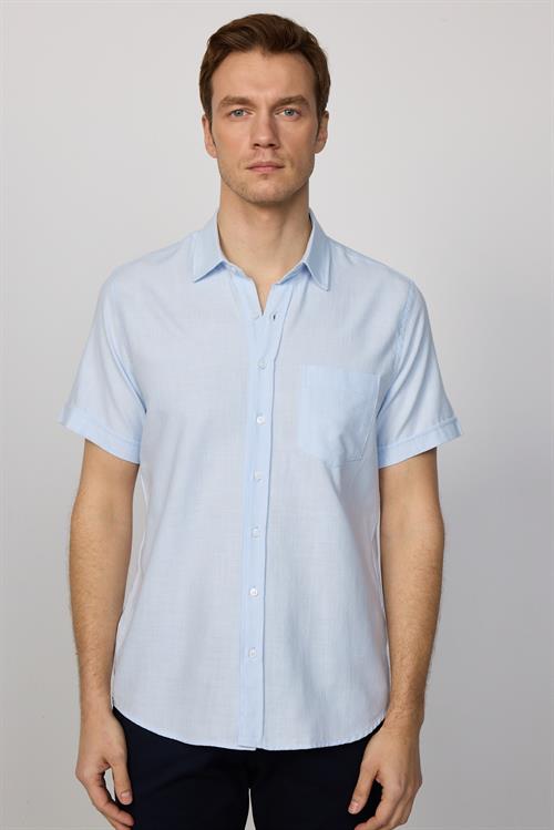 Erkek Regular Fit Klasik Kesim Oversize %100 Pamuk Keten Doku Cepli Mavi Gömlek
