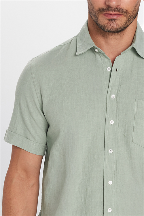 Erkek Regular Fit Klasik Kesim Oversize %100 Pamuk Keten Doku Cepli Yeşil Gömlek