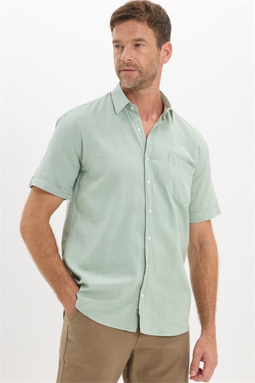 Erkek Regular Fit Klasik Kesim Oversize %100 Pamuk Keten Doku Cepli Yeşil Gömlek