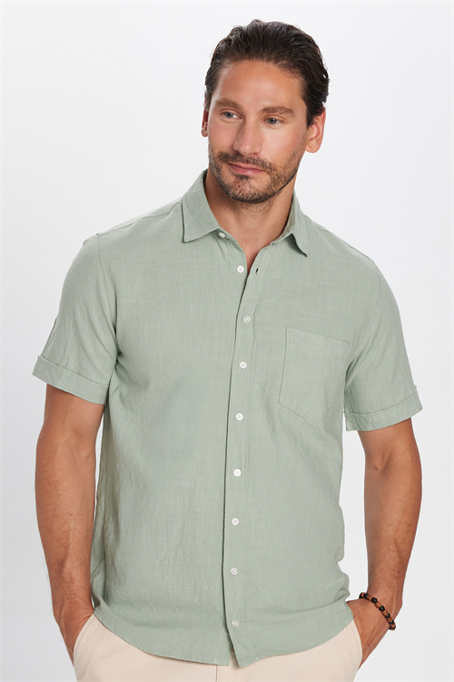 Erkek Regular Fit Klasik Kesim Oversize %100 Pamuk Keten Doku Cepli Yeşil Gömlek