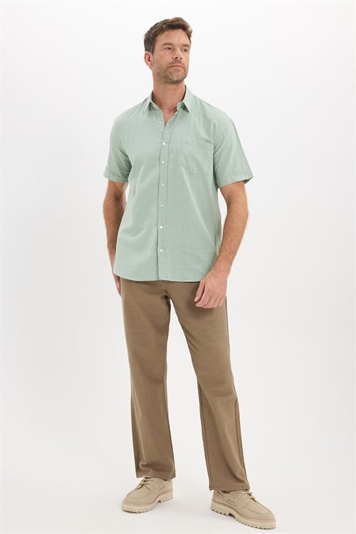 Erkek Regular Fit Klasik Kesim Oversize %100 Pamuk Keten Doku Cepli Yeşil Gömlek