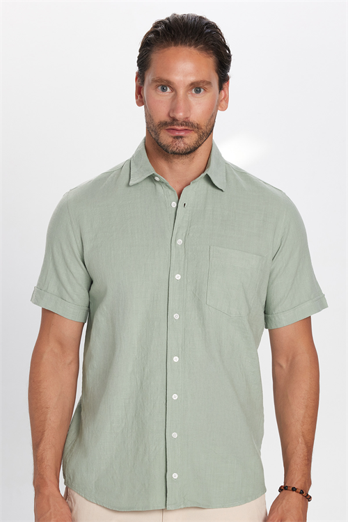 Erkek Regular Fit Klasik Kesim Oversize %100 Pamuk Keten Doku Cepli Yeşil Gömlek