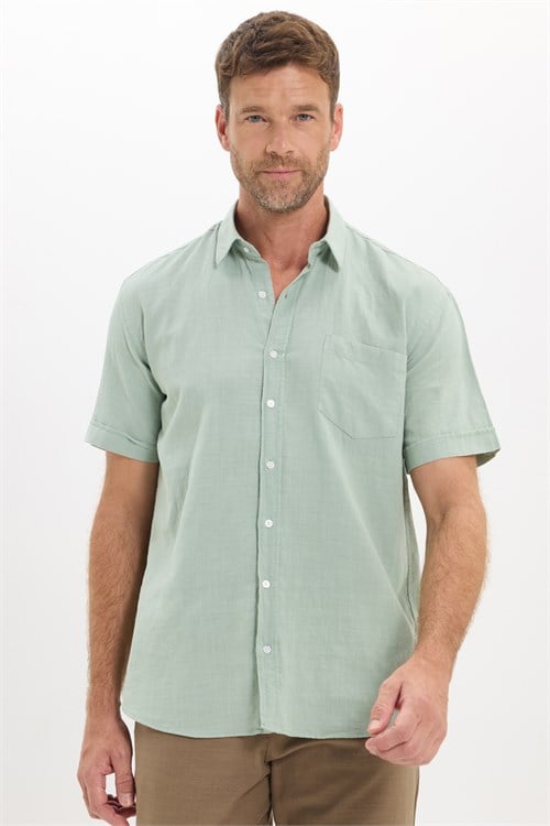 Erkek Regular Fit Klasik Kesim Oversize %100 Pamuk Keten Doku Cepli Yeşil Gömlek