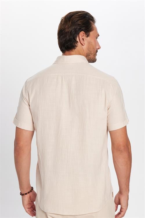 Erkek Regular Fit Klasik Kesim Oversize %100 Pamuk Keten Doku Cepli Bej Gömlek